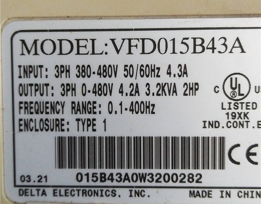 Del Ta Delta VfdbFrequency InverterPhase Kw InvertersConverters VFD015B43A Used Parts