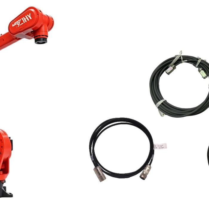 Industrial red 6-axis robot alongside black high-flex encoder and motor power cables with industrial connectors.