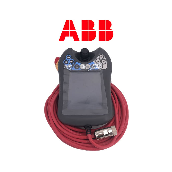 ABB FlexPendant with red connection cable for IRC5 controllers, used for diagnosing a completely dead display, power issues, and communication failures in industrial robots.