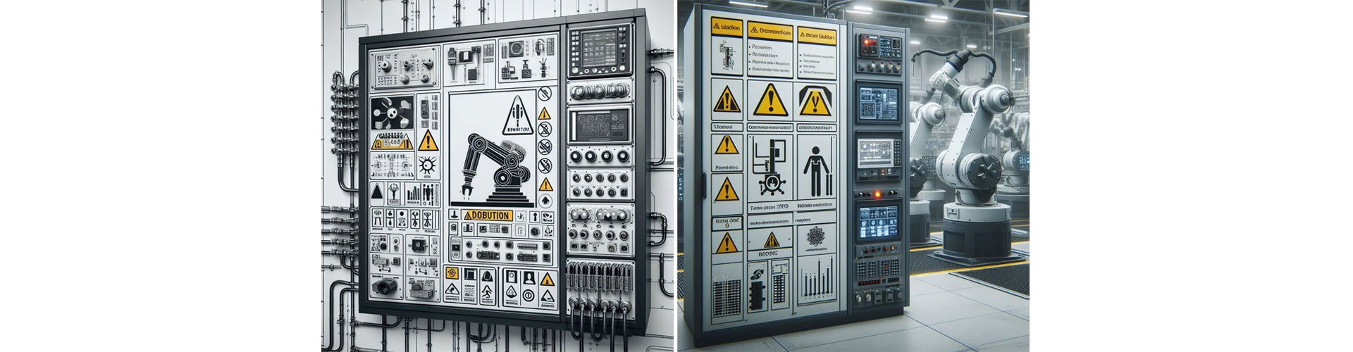 Robot Testing Signage Safety Signs on Industrial Robots and Control Cabinets