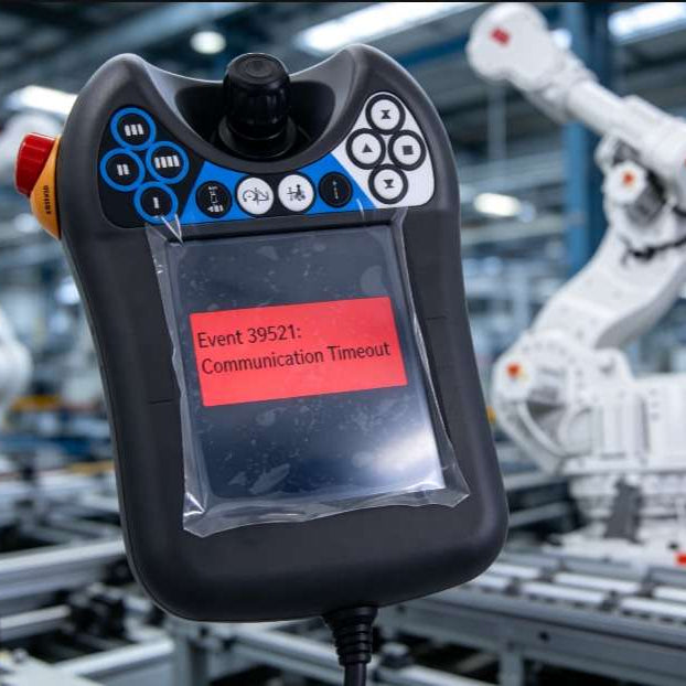 An operator holding an ABB FlexPendant that displays a critical "Event 39521: Communication Timeout" alarm inside a car plant, with articulated robot arms in the background to illustrate dynamic signal loop diagnostics.