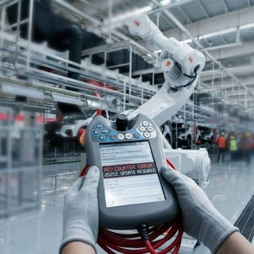 A POV shot of an operator holding an ABB FlexPendant displaying a critical "REV COUNTER: ERROR 20252, UPDATE REQUIRED" alarm in a car assembly plant, with white ABB robots in the background to illustrate synchronization failure diagnostics.
