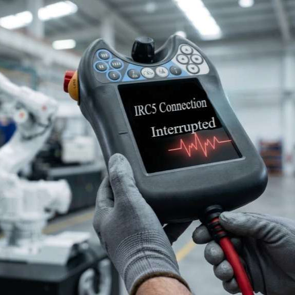 ABB teach pendant troubleshooting guide for IRC5 controllers, diagnosing FlexPendant cable failure, dead DSQC679 screens, and communication connection dropouts.