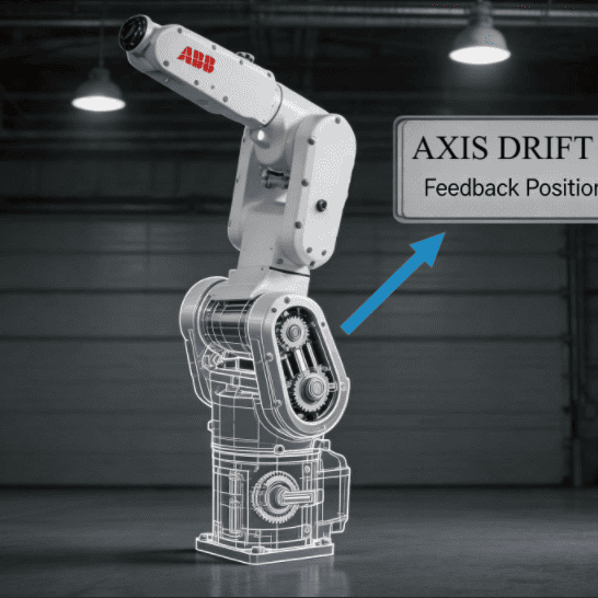 A technical diagnostic illustration of an ABB IRB 1300-7/1.4 robot, featuring a partial wireframe view to highlight axis drift and feedback position deviation within the joint feedback system.