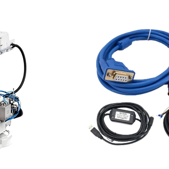 A white ABB IRB 52/1.2 painting robot displayed alongside a blue Mitsubishi GT10-C30R4-8P communication cable and other connection harnesses on a white background
