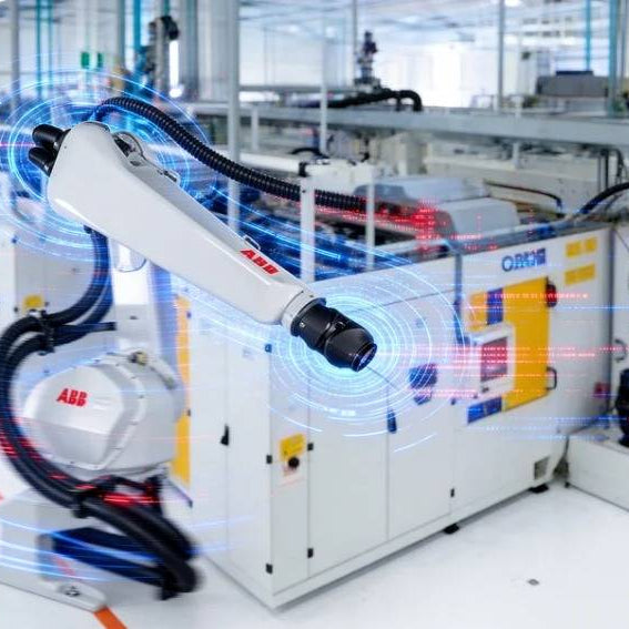 An ABB IRB 5500-22 industrial robot in a cleanroom facility, featuring a blue digital signal overlay to illustrate real-time data transmission and communication cable integrity diagnostics.