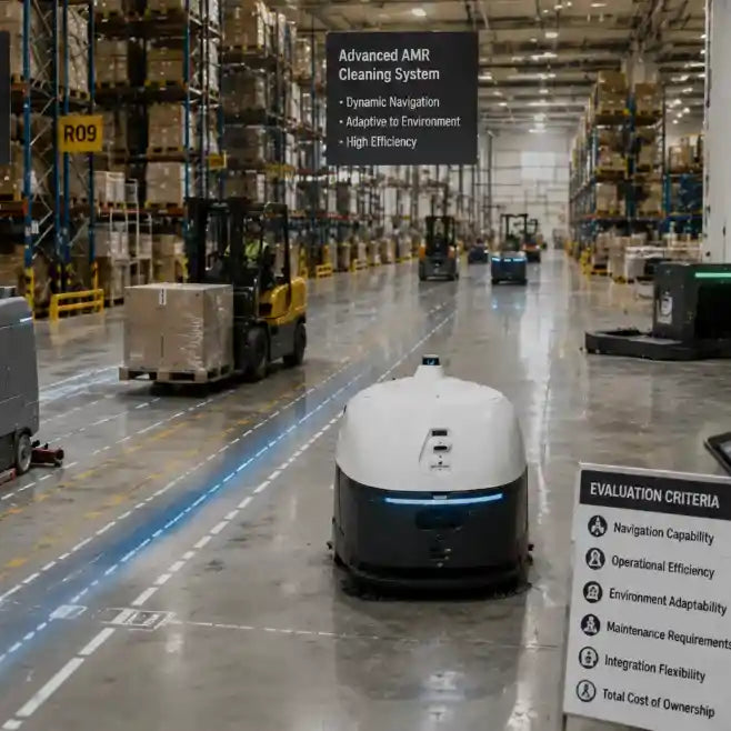 Industrial cleaning robots operating in a modern warehouse comparing autonomous cleaning systems for factories and logistics facilities