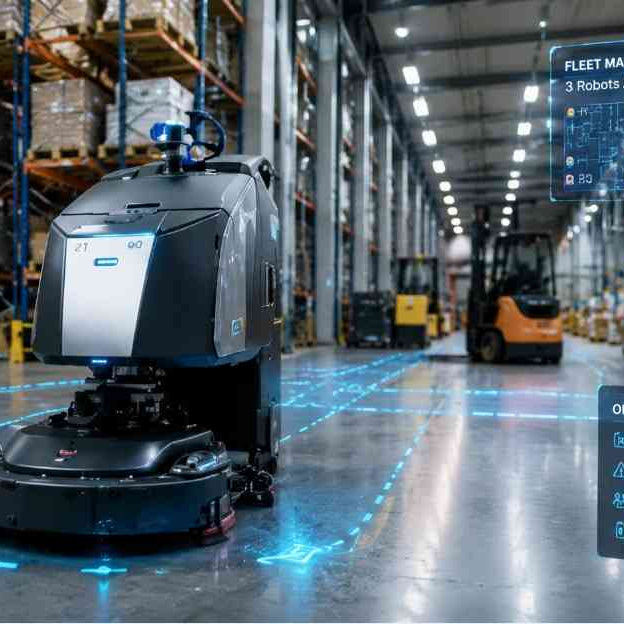 Autonomous warehouse cleaning robot operating in a large logistics facility for industrial floor maintenance