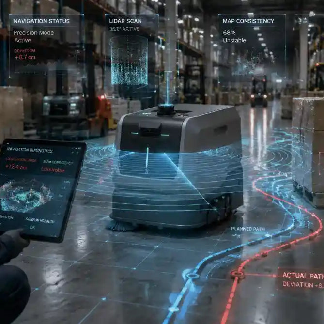 Industrial cleaning robot navigation problems caused by LiDAR sensor and SLAM localization issues in warehouse