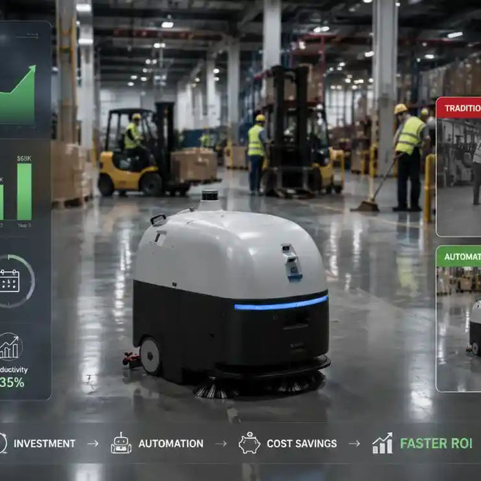 Cleaning robot payback period ROI analysis in an industrial warehouse showing autonomous cleaning automation, labor savings, and operational cost reduction