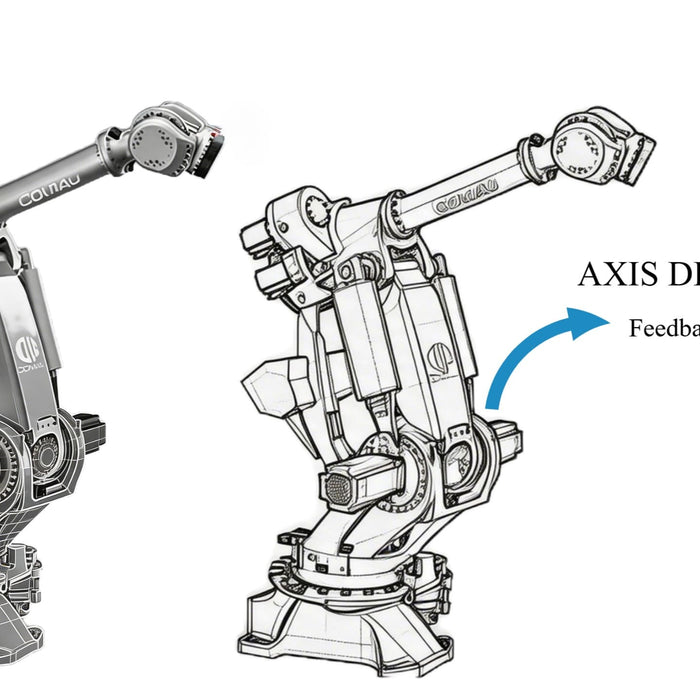 A technical diagram showing a Comau NJ 450 industrial robot model and wireframe, illustrating axis drift and feedback position deviation during diagnostics.