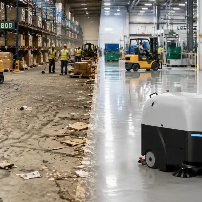 Common industrial cleaning challenges in warehouses and manufacturing facilities with dust, debris, forklift traffic, and autonomous cleaning robot operation