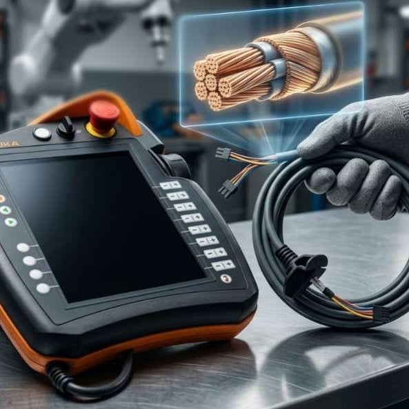 A completely dead and unresponsive industrial robot teach pendant with a black screen and no LED lights active, demonstrating a total power supply or cable failure.