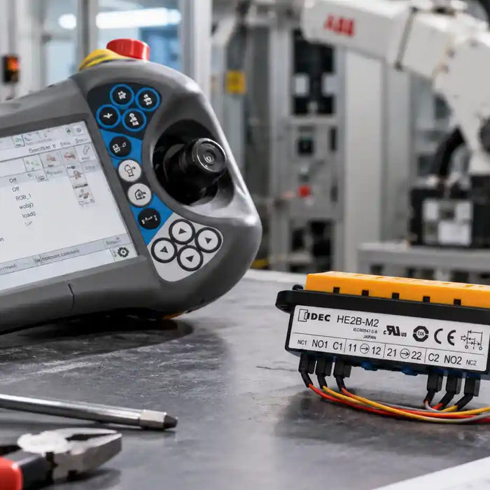 Industrial robot deadman switch inspection for teach mode and safety system faults