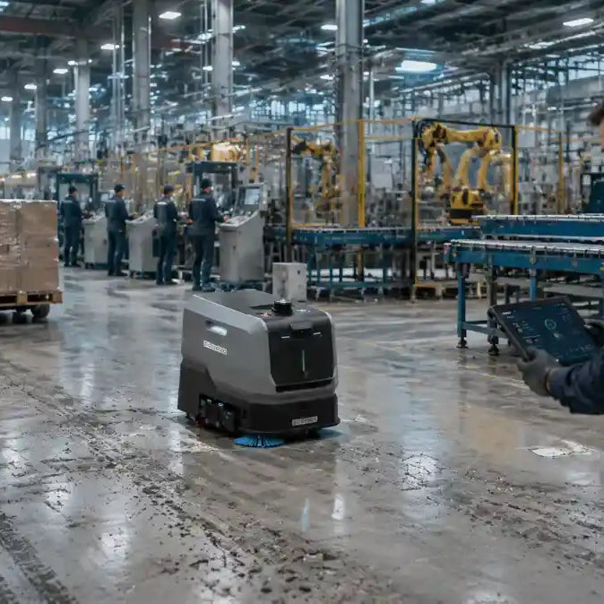 Factory floor cleaning problems in a modern industrial facility showing dust, forklift tire marks, and debris accumulation while an autonomous cleaning robot operates between production areas.