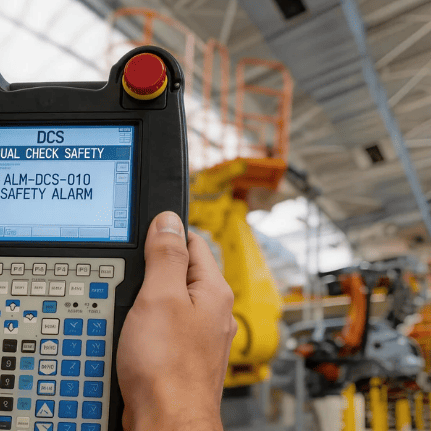 An operator holding a FANUC A05B-2518-C212#EMH iPendant displaying a DCS Dual Check Safety alarm (ALM-DCS-010), illustrating the integration of software safety conditions and the emergency stop button in R-30iB controllers.