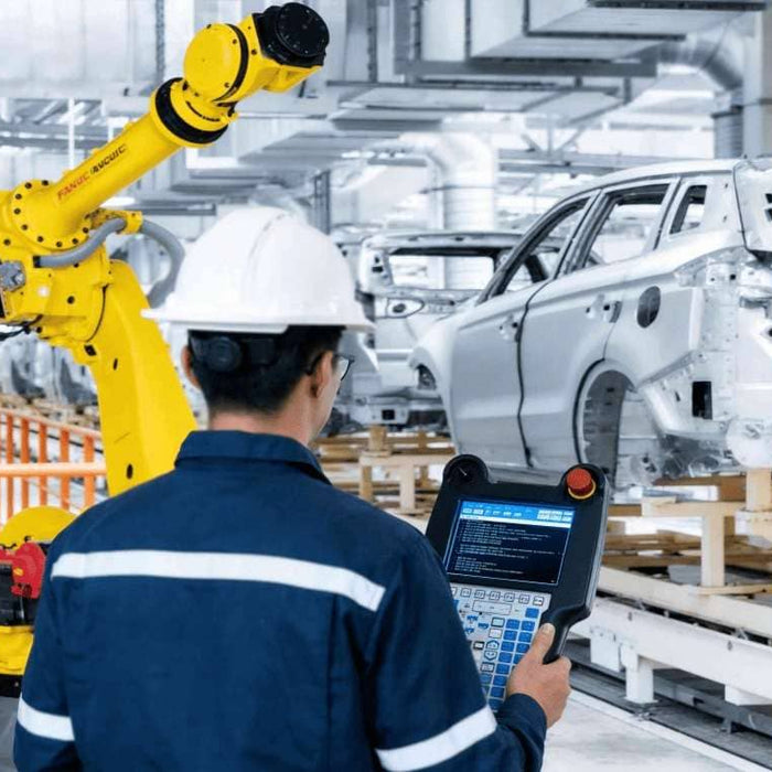 An engineer in an automotive assembly plant operating a FANUC iPendant, illustrating the contrast between a functional display and common LCD failure symptoms like black or frozen screens.
