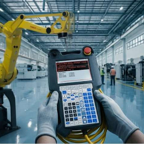 A POV shot of a FANUC iPendant displaying critical alarms "SRVO-062 BZAL" and "SRVO-021 Position Deviation" in a factory, with a yellow FANUC robot arm in the background to illustrate encoder feedback failure diagnostics.