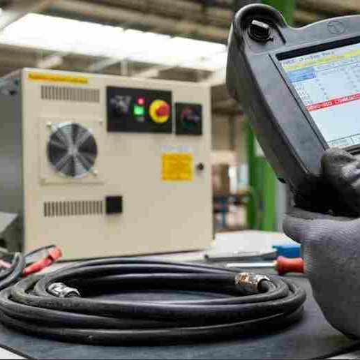 A maintenance technician inspecting a FANUC iPendant teach pendant and its flexible connection cable to diagnose an intermittent SRVO communication alarm with a FANUC R-30iB controller cabinet in a factory workshop.