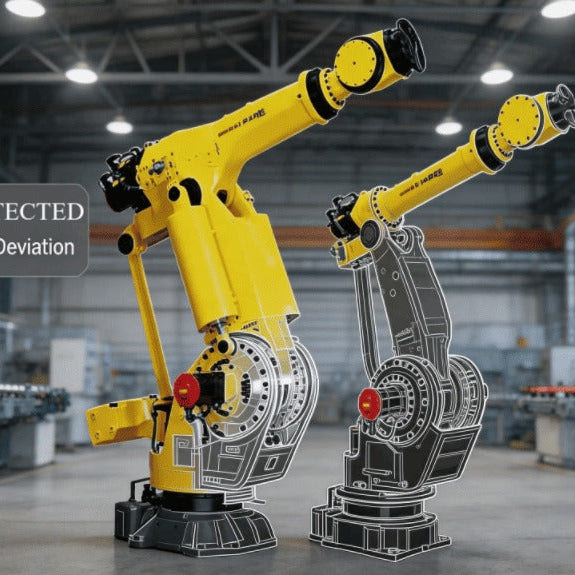 A technical diagnostic comparison of a FANUC M-900iB/400L industrial robot, showing a side-by-side view of the physical robot and its digital wireframe model to illustrate axis drift and feedback position deviation.