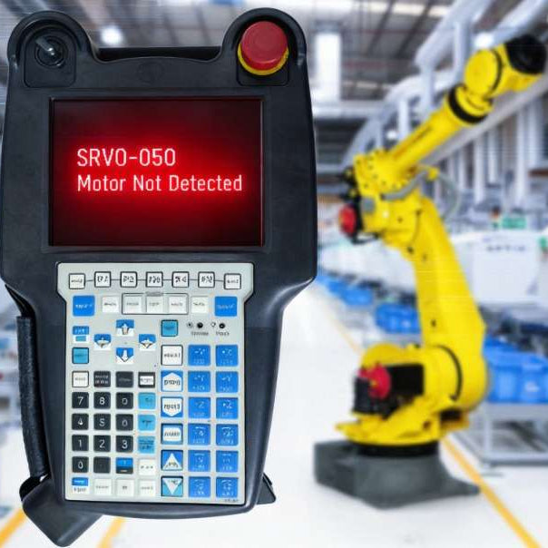 A FANUC R-30iB Mate teach pendant showing a red SRVO-050 Motor Not Detected alarm screen next to a yellow industrial robot arm to diagnose FSSB and pulse coder feedback loss.