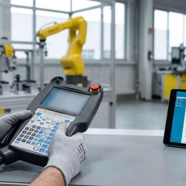 FANUC teach pendant troubleshooting guide and diagnostic checklist, addressing blank screens, high-flex cable wire breaks, and controller connection faults for R-30i controllers.