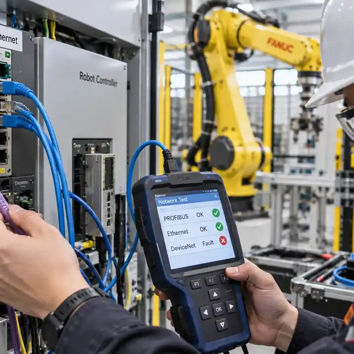 Industrial robot fieldbus communication cable inspection during network troubleshooting