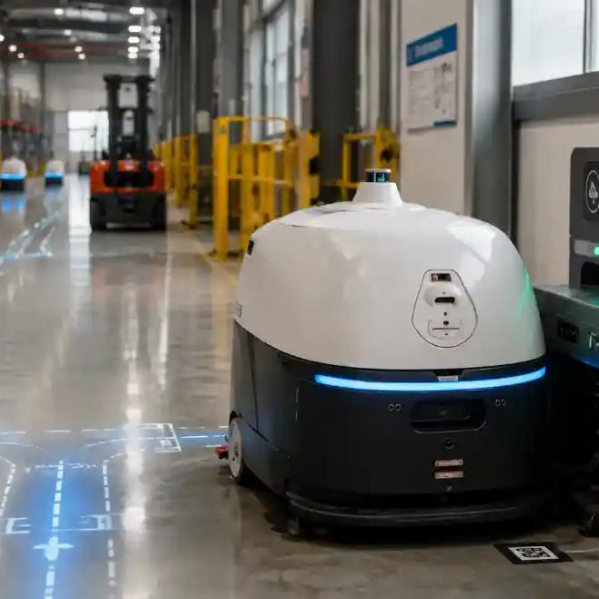 Autonomous industrial cleaning robot automatically returning to charging station inside a warehouse facility