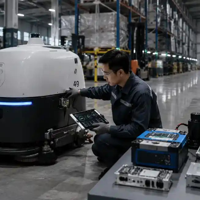 Industrial cleaning robot battery maintenance in a warehouse showing an autonomous cleaning robot connected to a charging station while engineers monitor battery health and operational reliability.