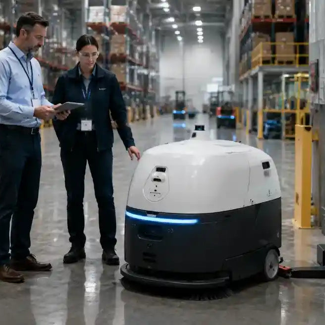 Facility manager evaluating industrial cleaning robot cost with automation engineer in a modern warehouse environment