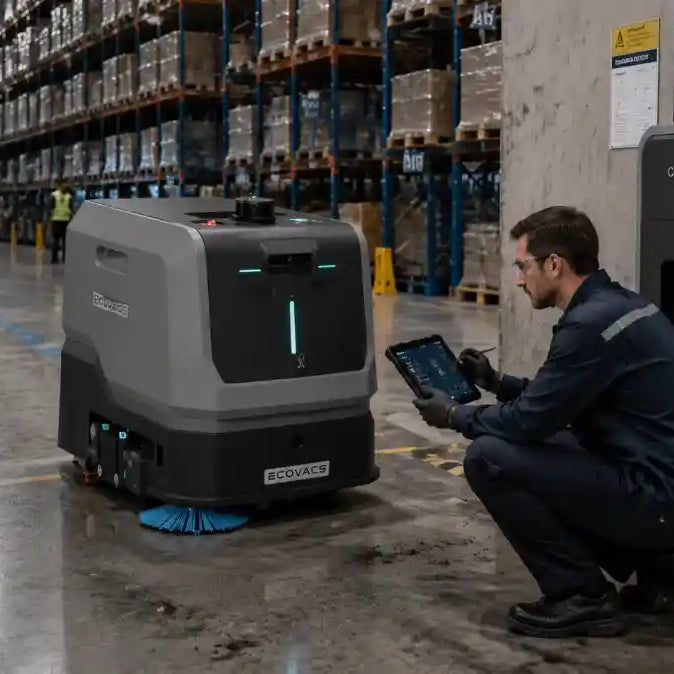 Industrial cleaning robot docking problem showing an autonomous floor cleaning robot attempting to align with a charging station in a warehouse environment while a technician inspects navigation and docking systems.