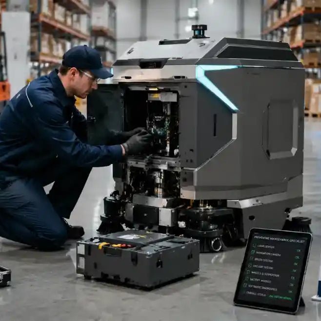 Industrial cleaning robot maintenance engineer inspecting sensors, brushes, battery system, and components in a modern warehouse
