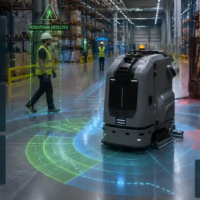 Industrial cleaning robot safety system using autonomous navigation, obstacle detection, and risk control in a dynamic warehouse environment