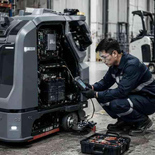 Industrial cleaning robot troubleshooting and maintenance inspection in a warehouse environment