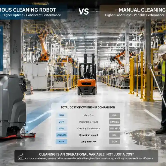 Industrial cleaning robot and cleaning staff cost comparison in a modern manufacturing facility showing automated and manual cleaning systems
