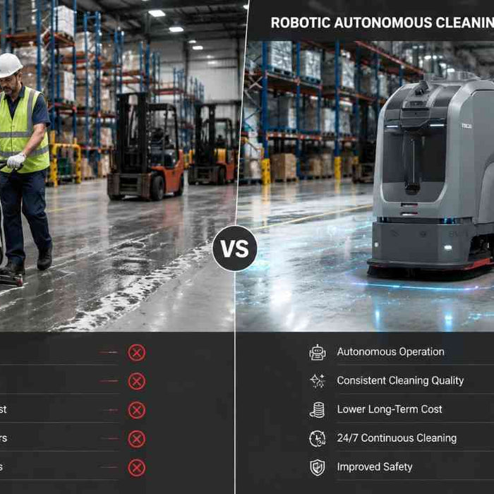 Industrial cleaning robot and manual cleaning worker comparison in a modern warehouse facility