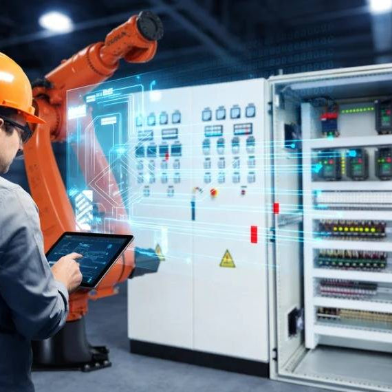 A technician using a tablet to diagnose an industrial robot and its controller cabinet, with a digital overlay illustrating Ethernet communication paths and potential signal failure points.