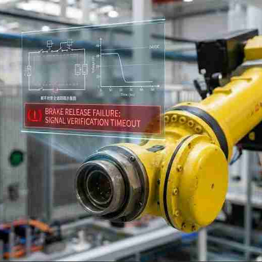 Industrial robot brake release failure diagnostic guide, troubleshooting locked axes, 24VDC brake control cable voltage drops, interrupted safety chains, and intermittent encoder feedback loop errors.