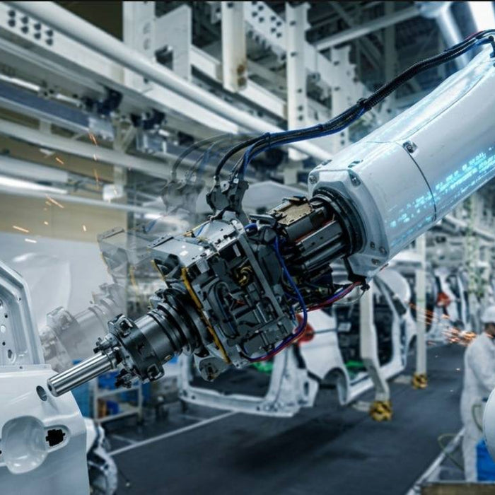 A high-speed industrial robot arm on an automotive assembly line with a digital "DATA PACKET LOSS" warning overlay, illustrating the impact of encoder cable signal degradation on positioning accuracy.