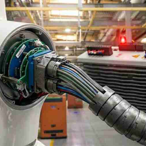 Detailed macro shot of an industrial robot joint dress pack and multi-core encoder cable with subtle wear, showing an erratic glowing signal overlay and a blurred background of a controller cabinet with glowing red alarm lights.