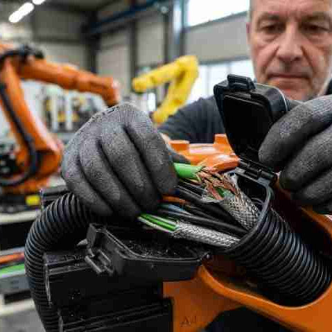 A maintenance technician inspecting an internal copper conductor break and shielding failure inside a robot DressPack cable assembly at axis 4 to diagnose intermittent encoder alarms.