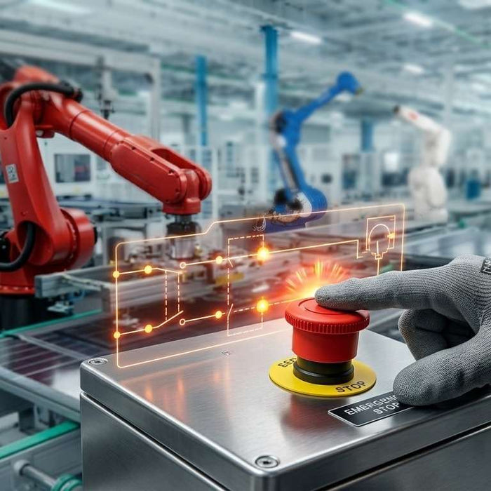 Industrial robot emergency stop failure troubleshooting guide covering dual-channel safety circuit open faults, ABB safety chains, KUKA X11 interfaces, and FANUC DCS loops.