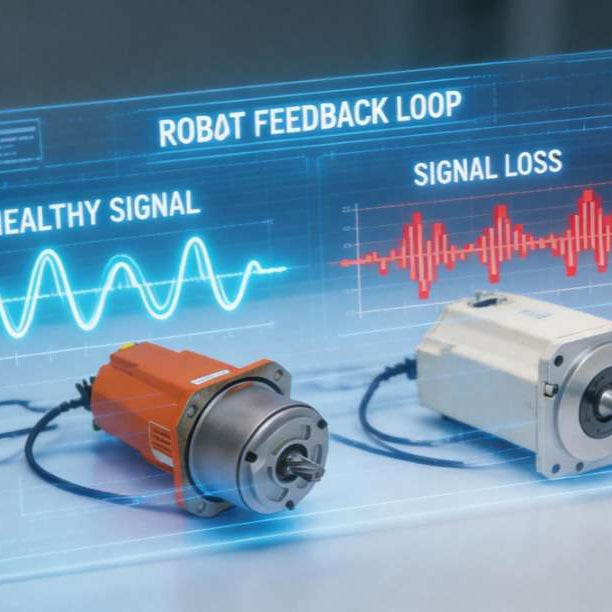 A high-flex feedback pulse coder signal cable bundle routing through the dynamic internal harness axis energy chain of an industrial robot arm to prevent encoder signal loss.