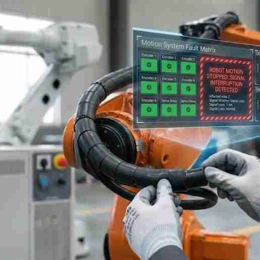 Industrial robot motion failure diagnostic guide, troubleshooting why a robot is not moving, isolating high-flex cable signal interruption, servo drive faults, and intermittent encoder feedback dropouts.
