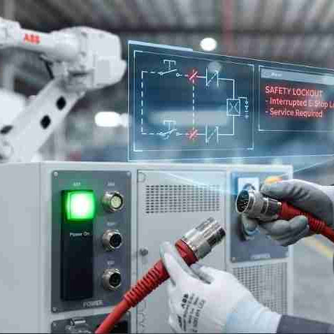 Industrial robot troubleshooting guide for a system that powers on but remains unresponsive, focusing on isolating teach pendant communication faults, dual-channel E-Stop safety loop breaks, and high-flex encoder signal cable degradation.