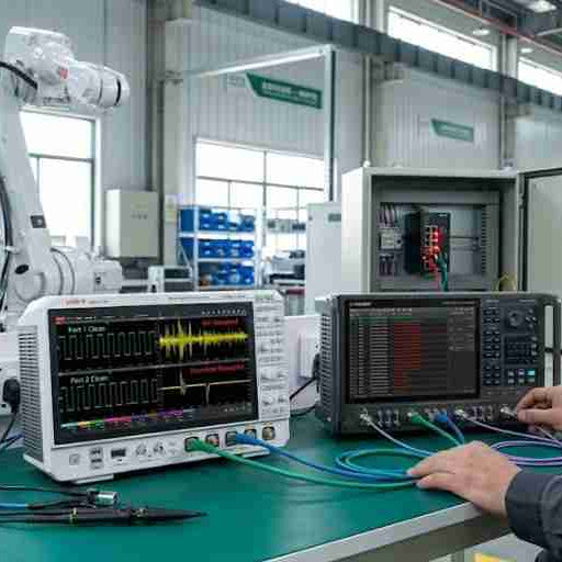 An oscilloscope showing signal jitter and differential wave corruption causing random communication dropouts and fieldbus watchdog timeouts in an industrial robot controller.