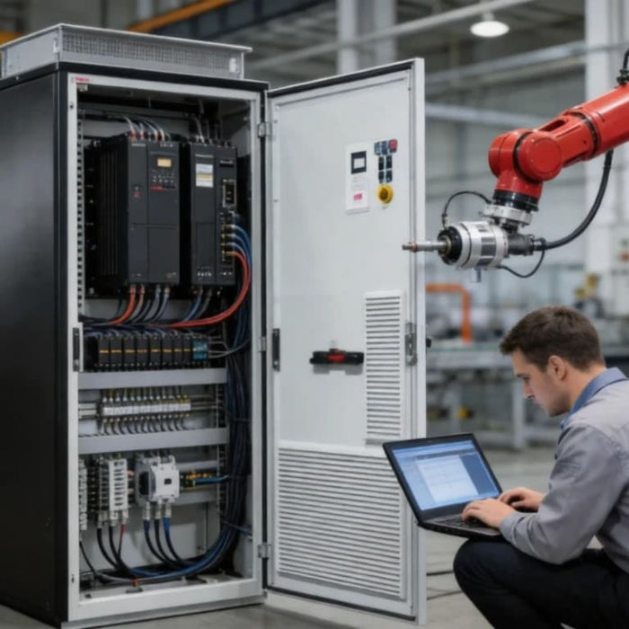 A technician in a factory uses a laptop to diagnose an industrial robot control cabinet, which reveals servo drives and complex feedback cable routing.