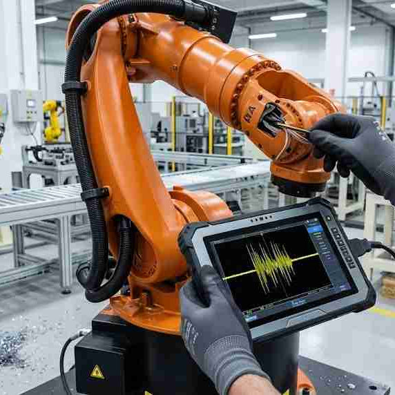 An automation engineer using a diagnostic tablet to monitor real-time signal jitter and encoder communication drops during a high-speed motion test to fix a robot that stops randomly.