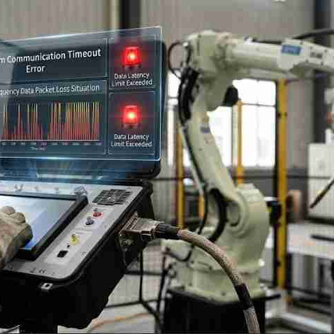 Industrial robot system communication timeout troubleshooting guide, diagnosing real-time data packet dropouts, high-flex cable signal latency, and FSSB or EtherCAT bus synchronization faults.