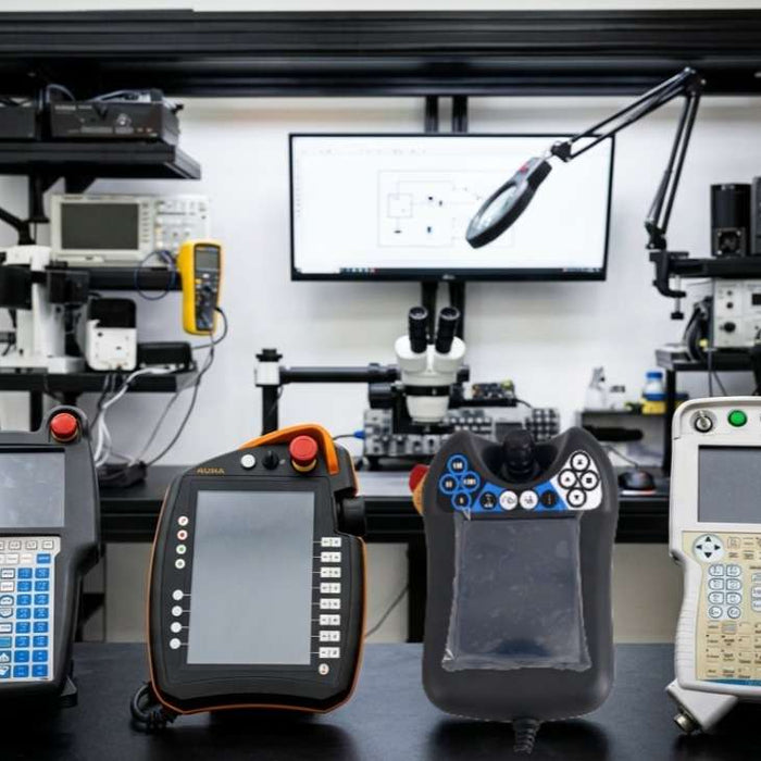 Comprehensive industrial robot teach pendant troubleshooting guide for FANUC, ABB, KUKA, Yaskawa, and Universal Robots, addressing black screens, touch failures, and cable disconnections.